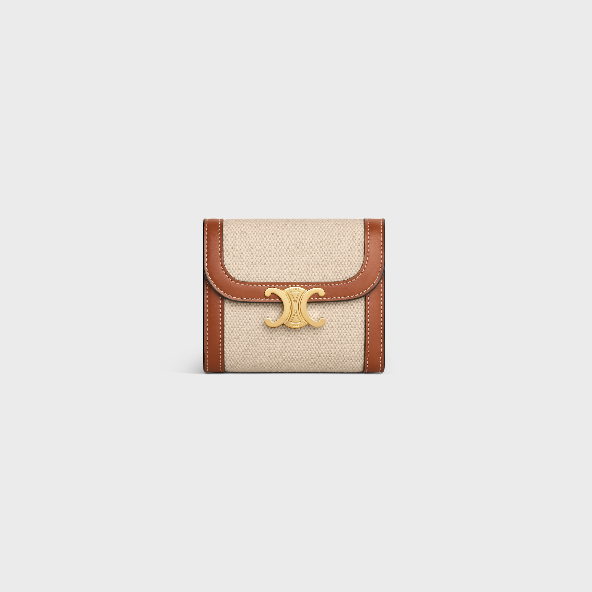 SMALL FLAP WALLET TRIOMPHE IN TEXTILE AND CALFSKIN NATURAL / TAN - Image 1